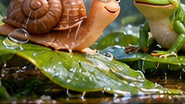 Susi trifft Frido, den Frosch, auf einem nassen Blatt.