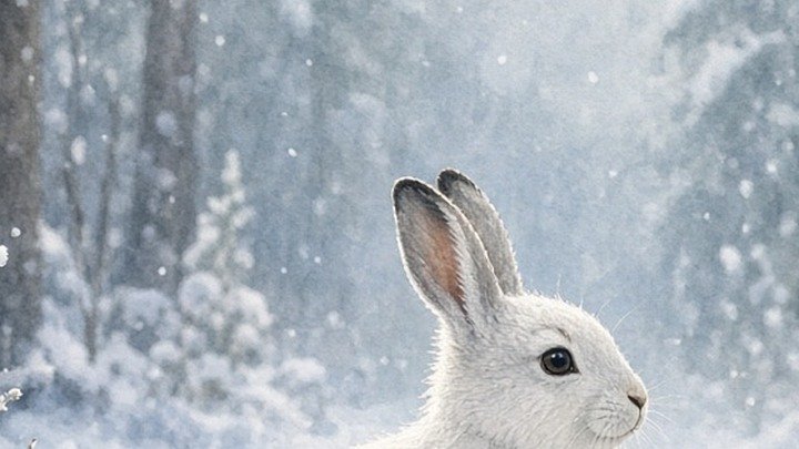 Nahaufnahme des weißen Schneehasen im stillen Winterwald.