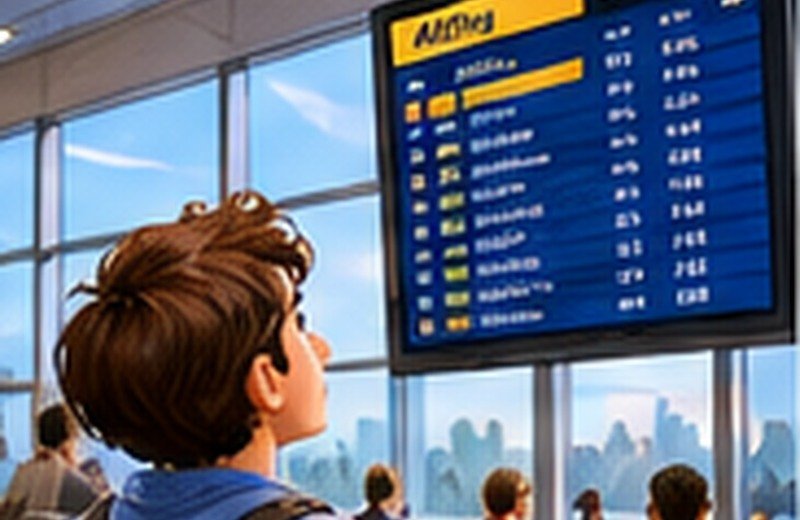 Passagiere warten am Gate und beobachten den Flugplan.