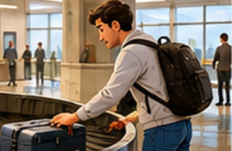 Navid wartet am Gepäckband auf seinen Koffer.